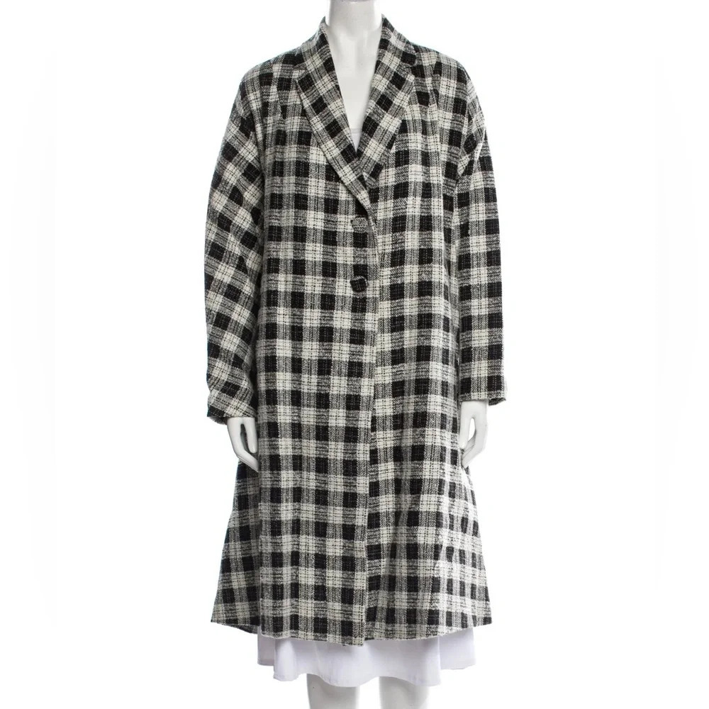 Reformation Plaid‎ Print Swing Coat Black White Women's XS